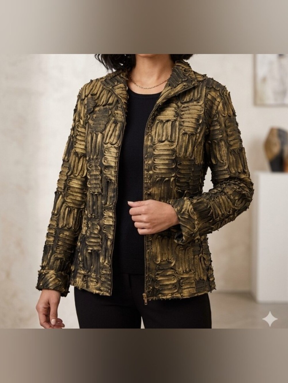 Samuel Dong Textured Metallic Olive Green Zip Jacket